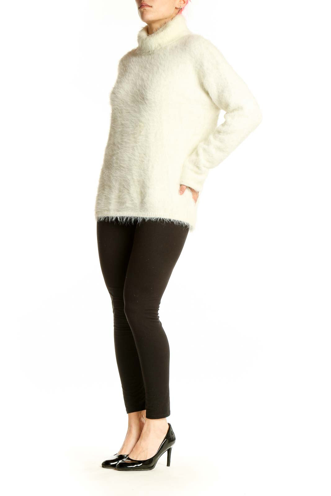 Front view of cream fuzzy turtleneck sweater by Sanctuary