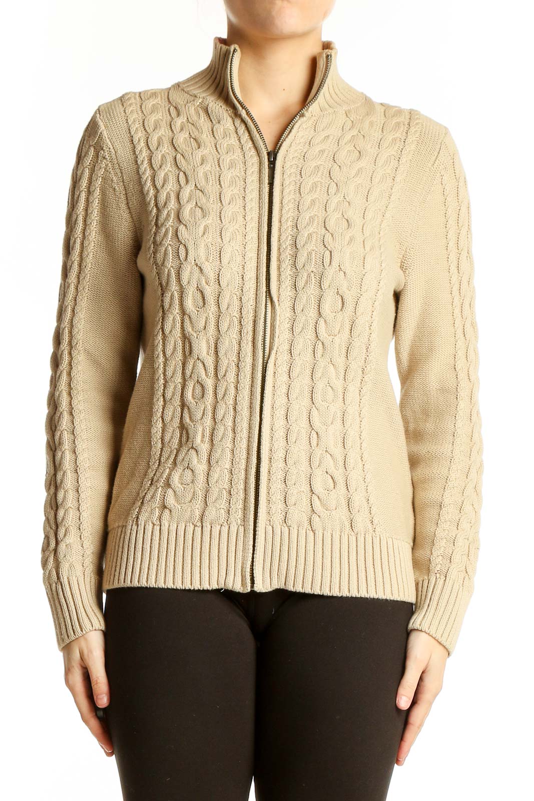 Front view of L.L.Bean beige cable knit zip-up cardigan