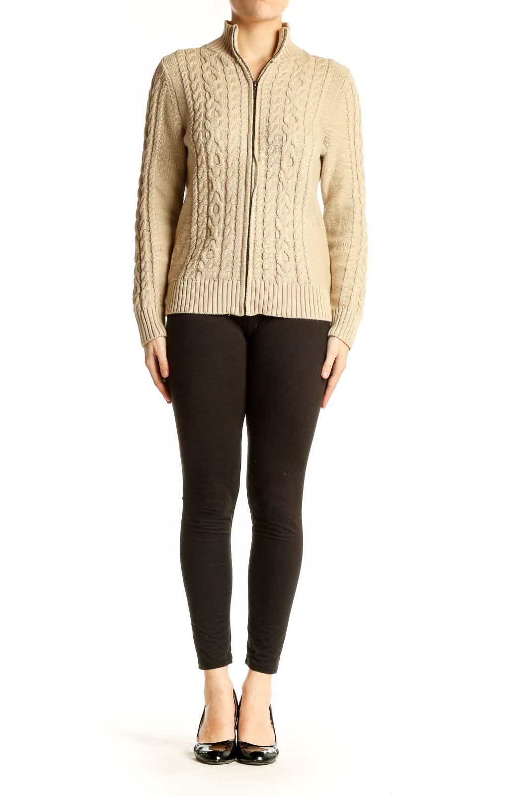 Front view of L.L.Bean beige cable knit zip-up cardigan