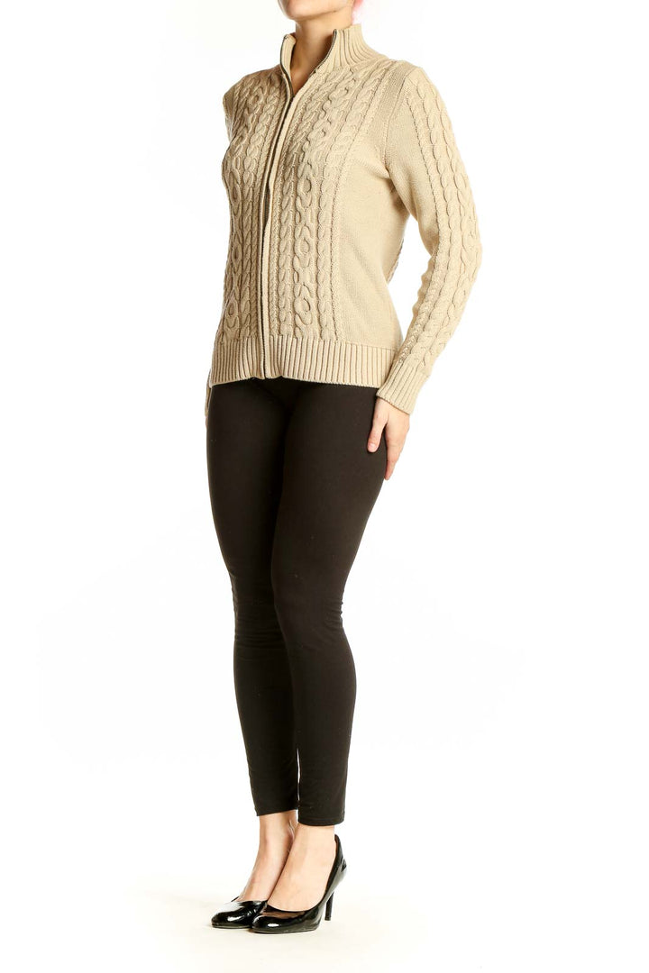 Front view of L.L.Bean beige cable knit zip-up cardigan