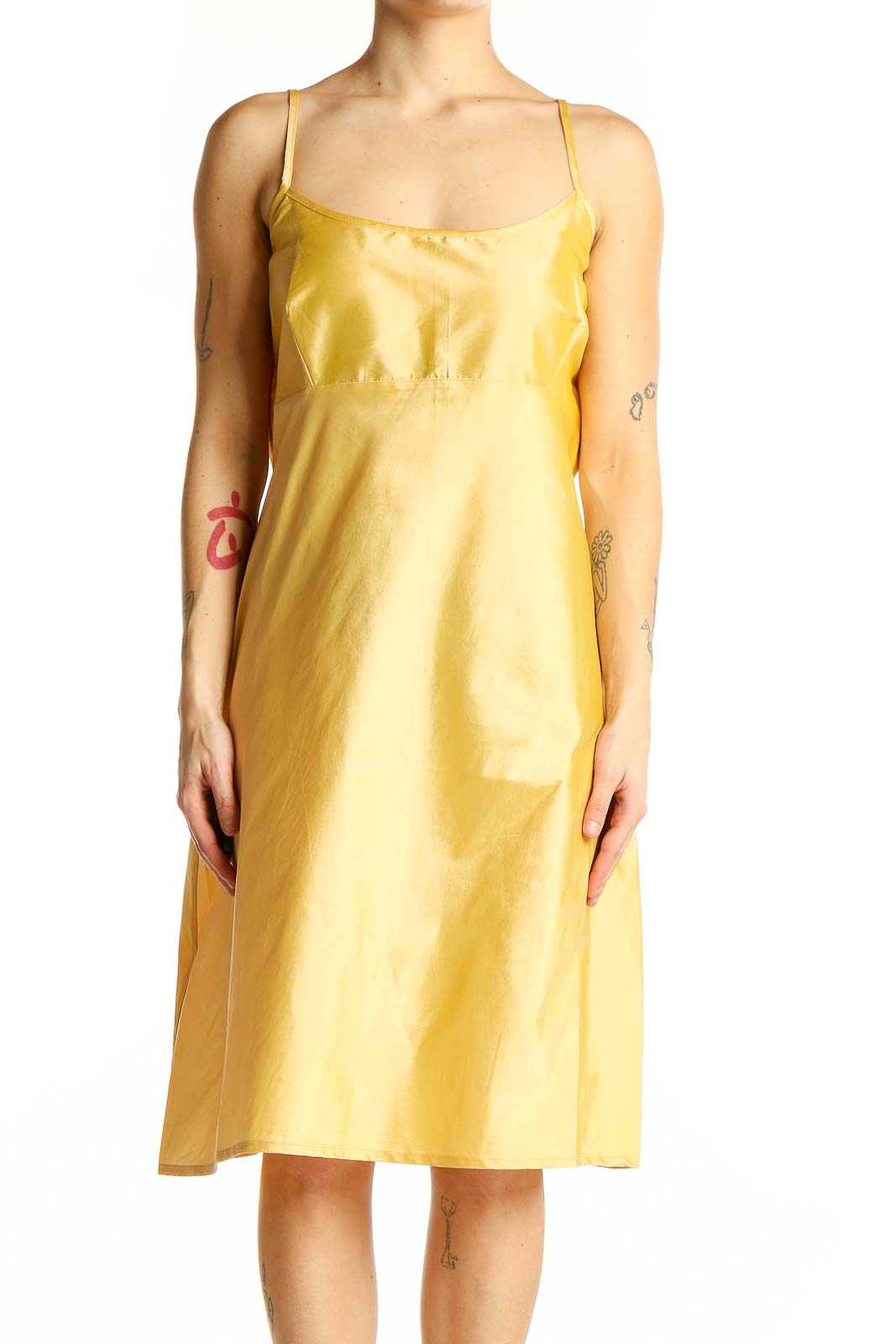 Front view of yellow Frances Valentine spaghetti strap midi dress