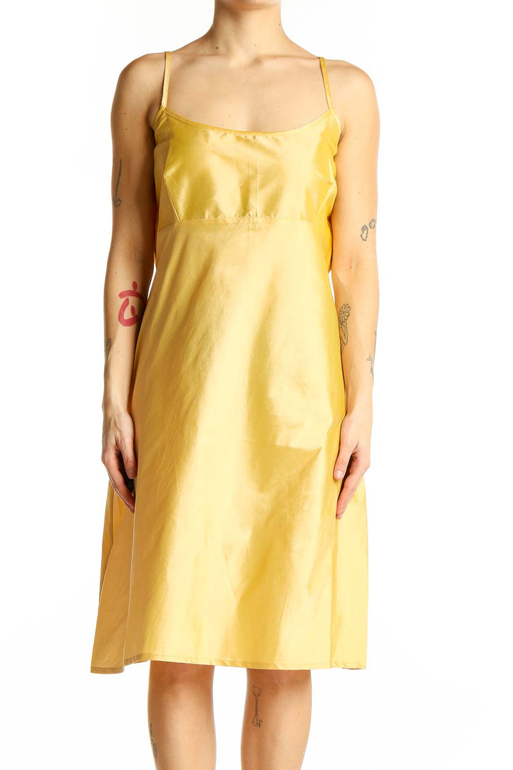 Front view of yellow Frances Valentine spaghetti strap midi dress
