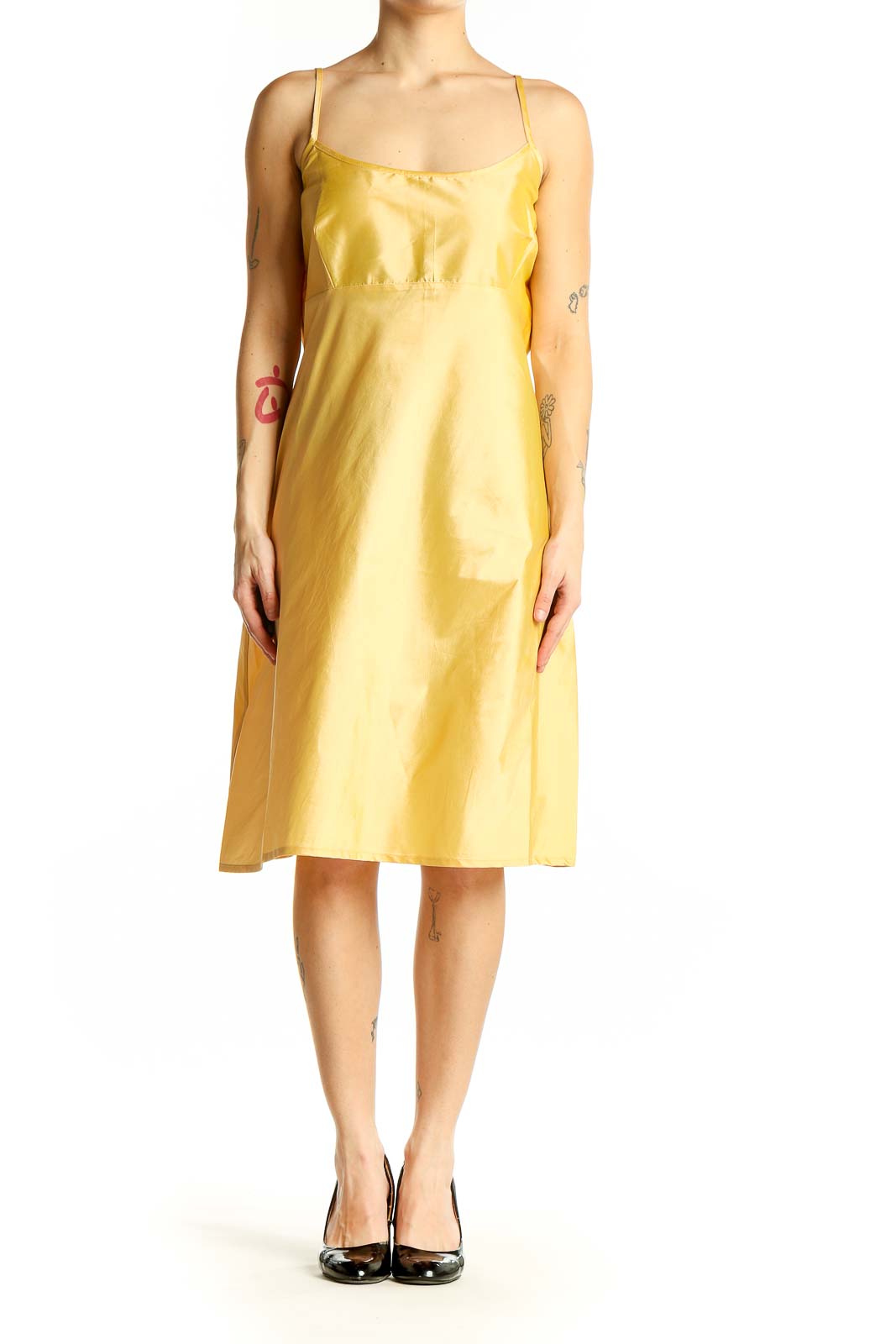 Front view of yellow Frances Valentine spaghetti strap midi dress