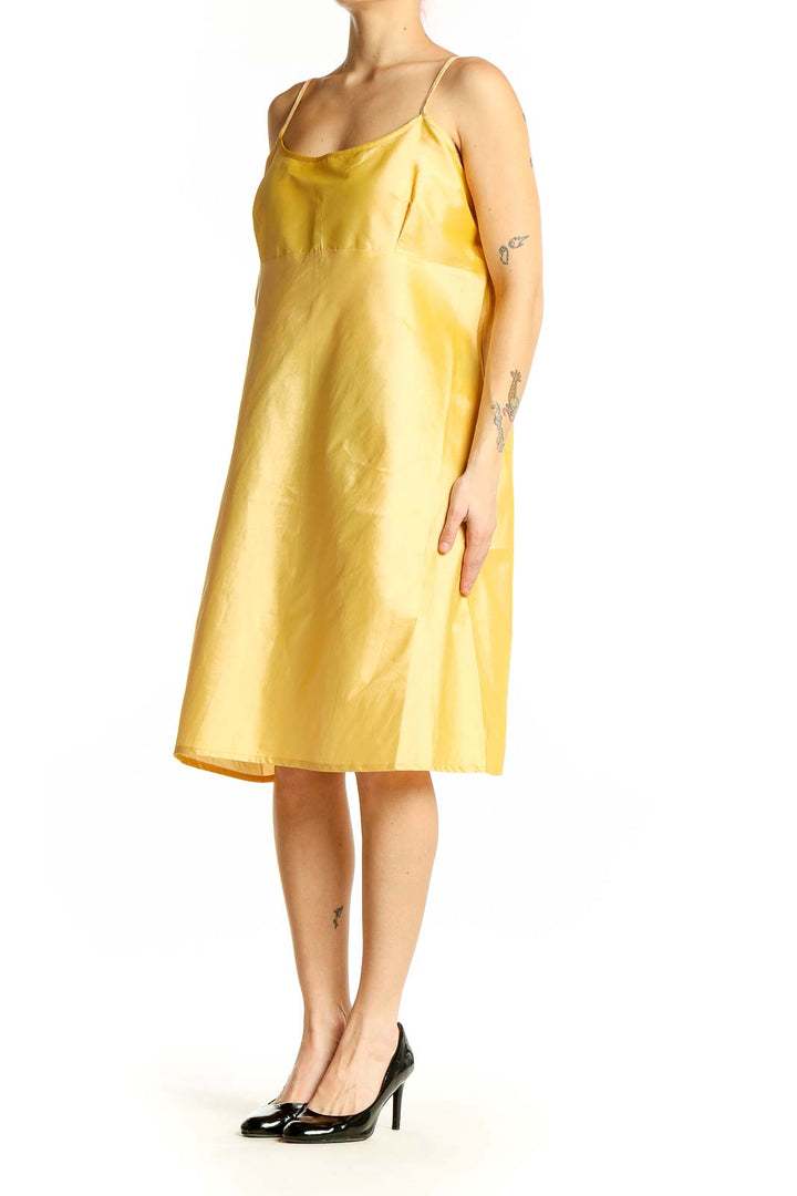 Front view of yellow Frances Valentine spaghetti strap midi dress