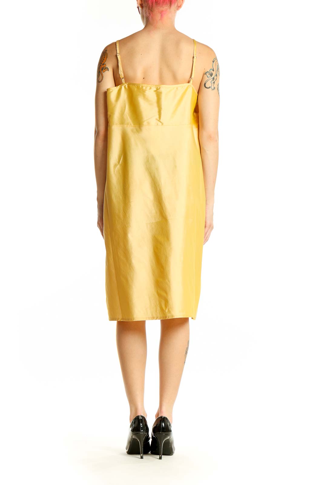 Side view of yellow Frances Valentine spaghetti strap midi dress