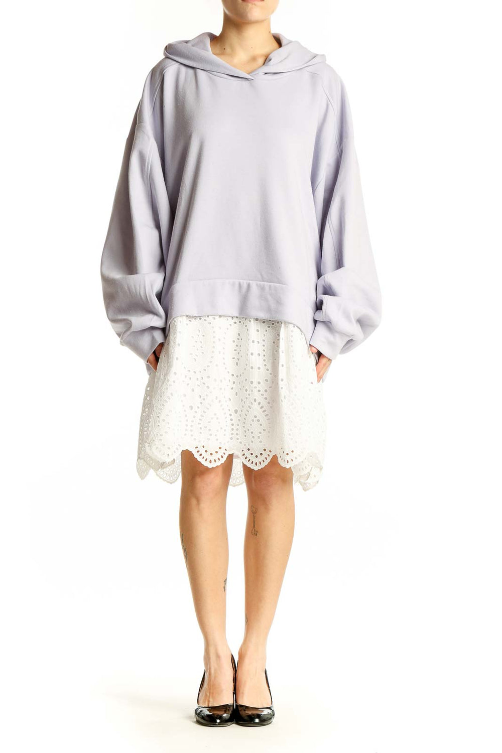 Front view of Light Gray Oversized Hoodie Dress by Pilcro with white eyelet lace skirt