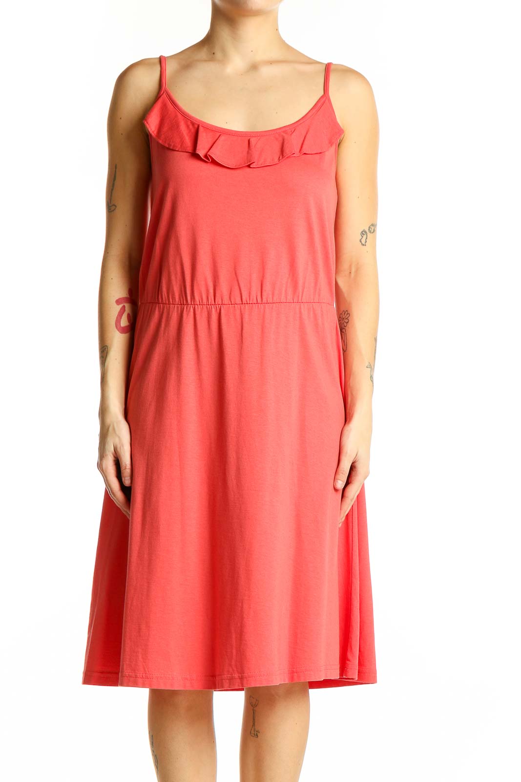 Front view of coral LOFT midi dress with ruffled neckline and spaghetti straps
