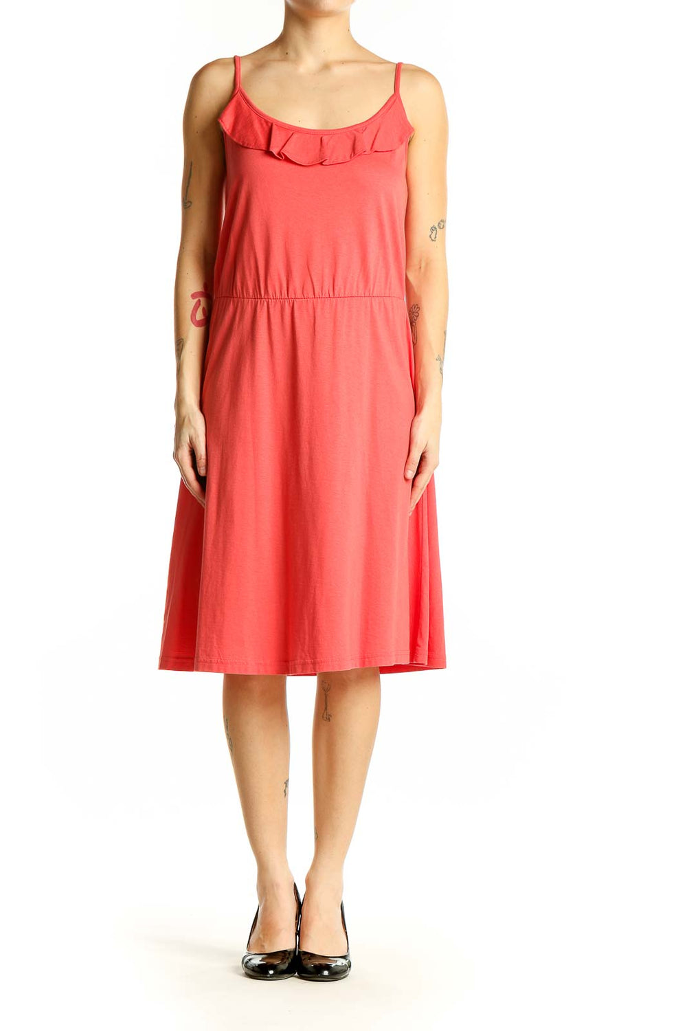 Front view of coral LOFT midi dress with ruffled neckline and spaghetti straps