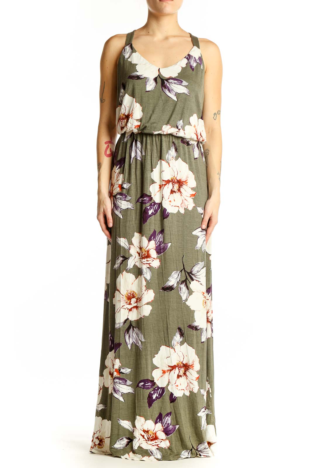Front view of Nine Britton olive floral maxi dress with white and purple flowers