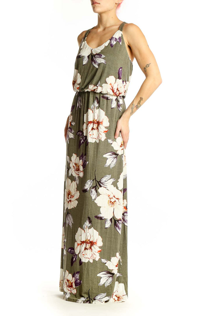 Front view of Nine Britton olive floral maxi dress with white and purple flowers