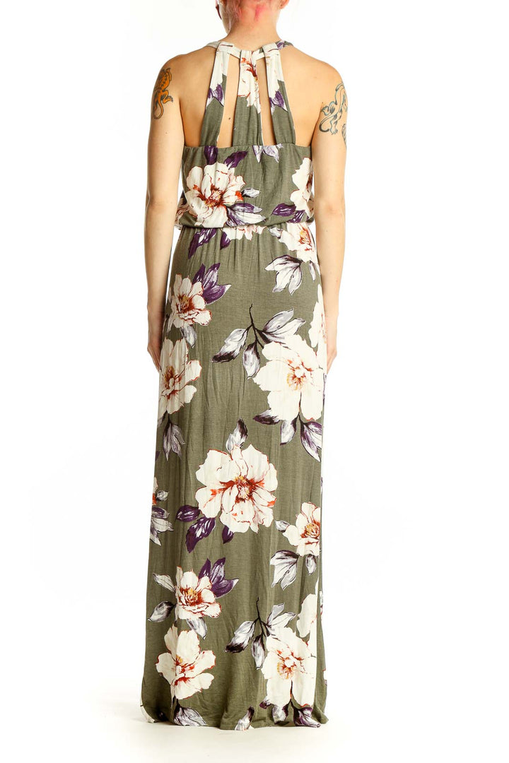 Side view of Nine Britton olive floral maxi dress showing full-length silhouette