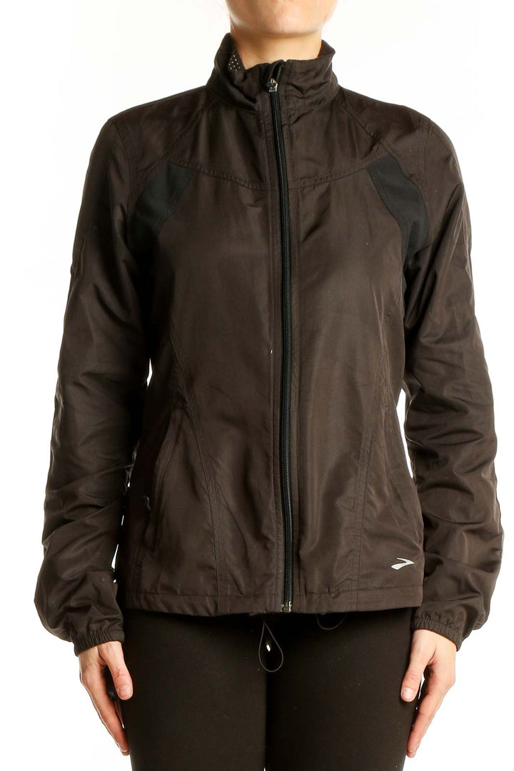 Front view of brown Brooks polyester running jacket with full-zip and high collar