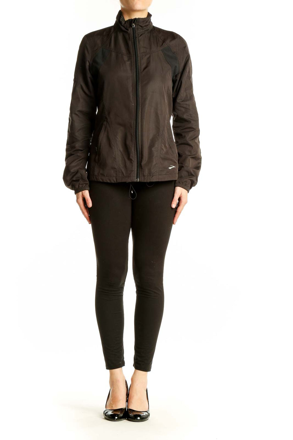 Front view of brown Brooks polyester running jacket with full-zip and high collar
