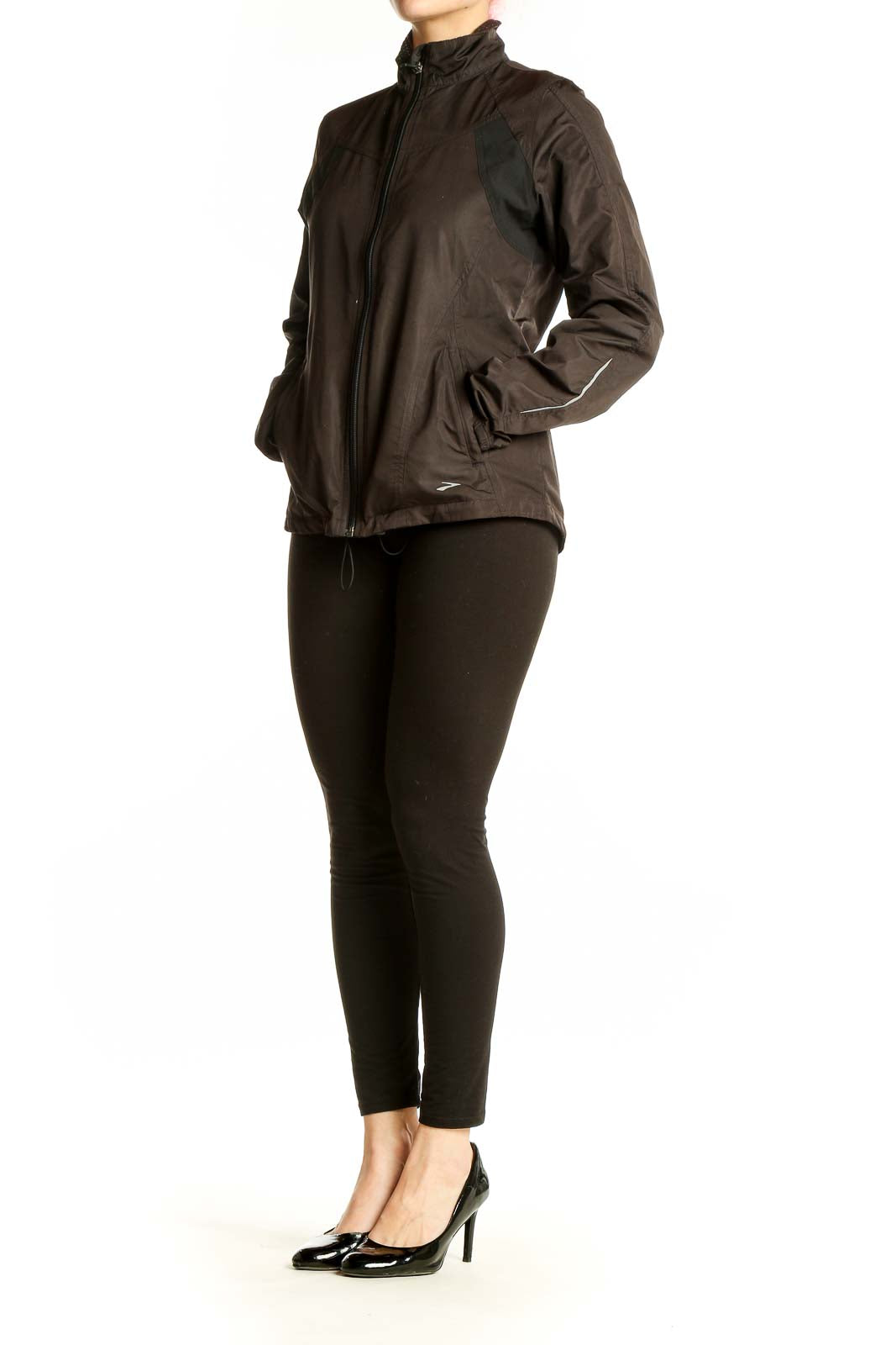 Front view of brown Brooks polyester running jacket with full-zip and high collar