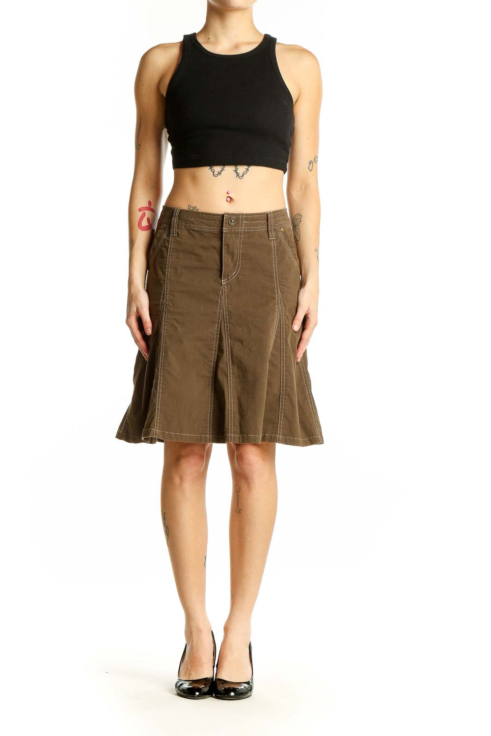 Front view of KUHL brown A-line skirt with contrasting stitching
