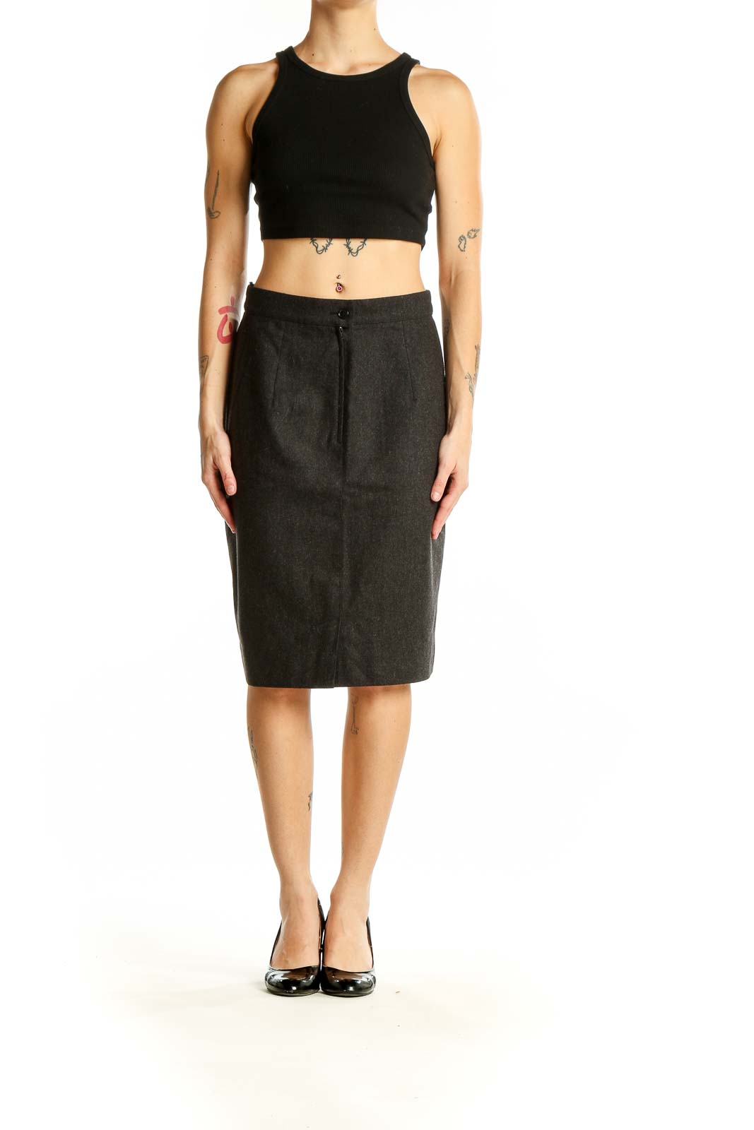 Front view of Max Mara charcoal gray cashmere wool pencil skirt