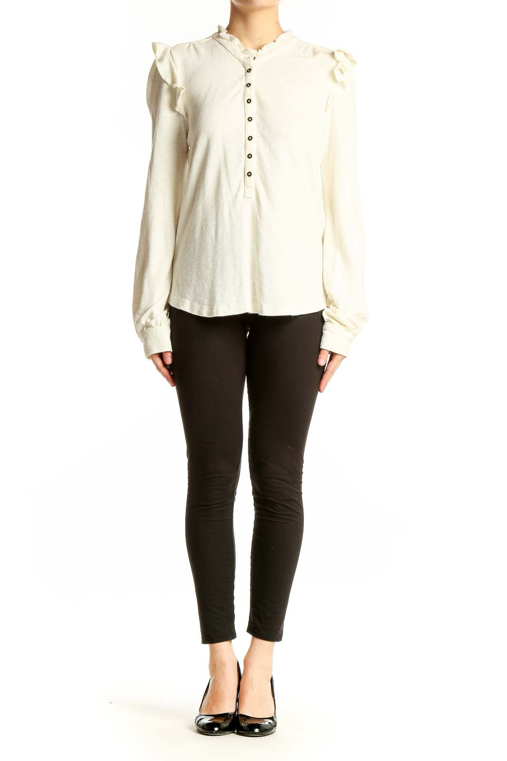 Front view of ivory Pilcro knit top with ruffled shoulders and henley neckline