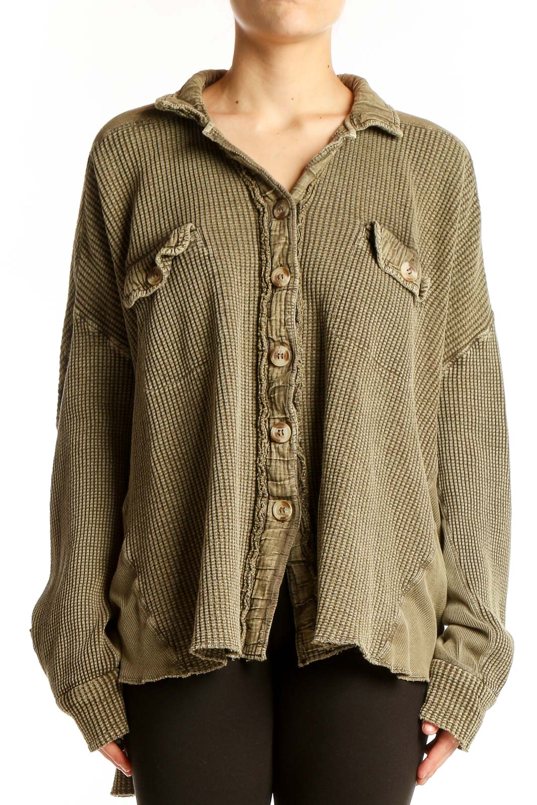 Front view of olive ribbed knit cardigan from Free People