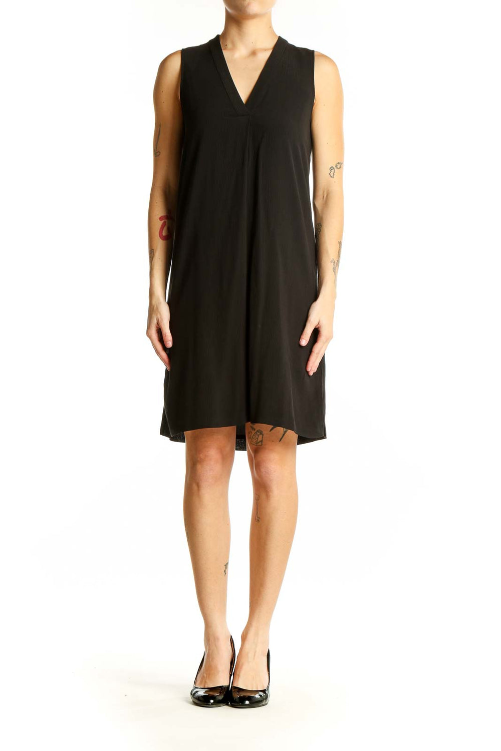 Front view of black sleeveless V-neck shift dress by Theory