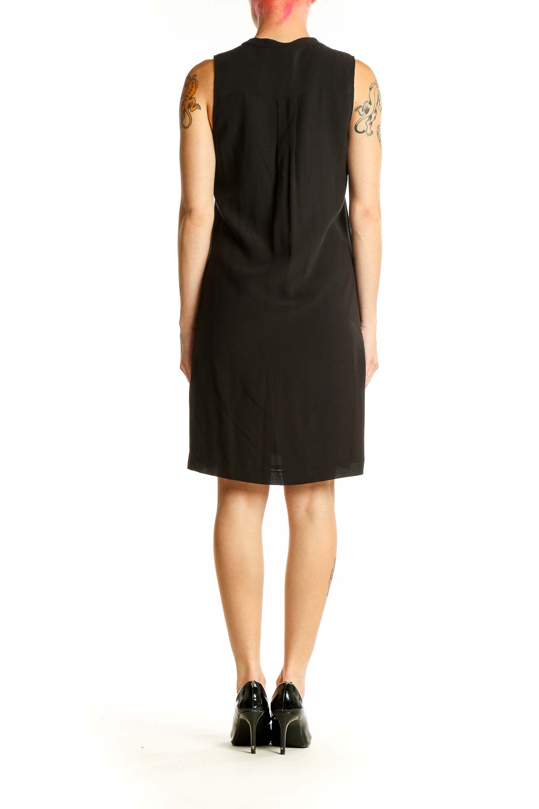 Side view of black sleeveless V-neck shift dress by Theory