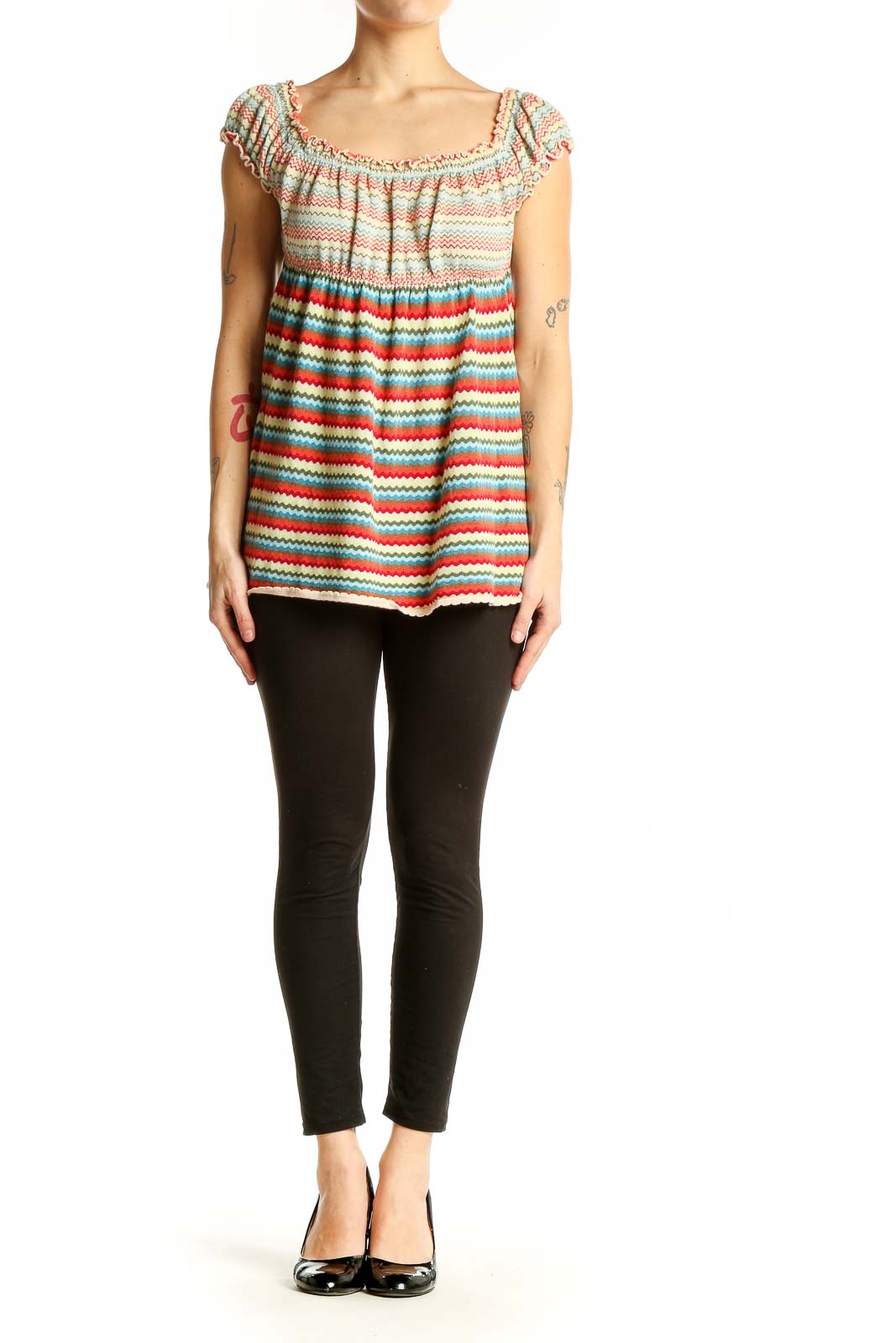 Front view of Free People multicolor striped off-shoulder cotton top