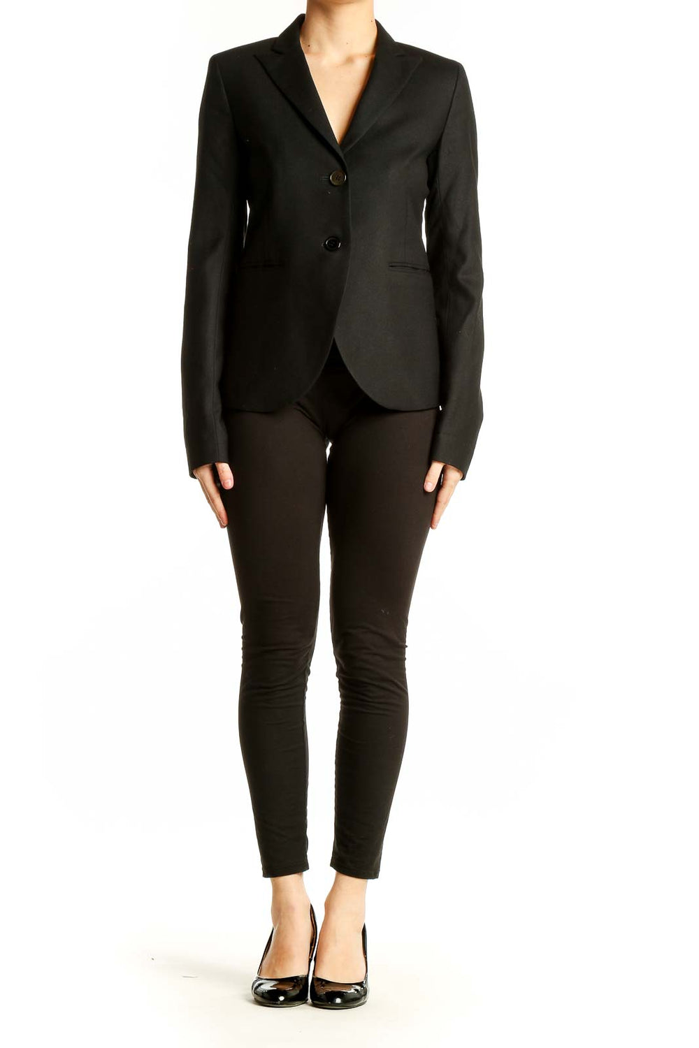 Front view of black Theory tailored blazer