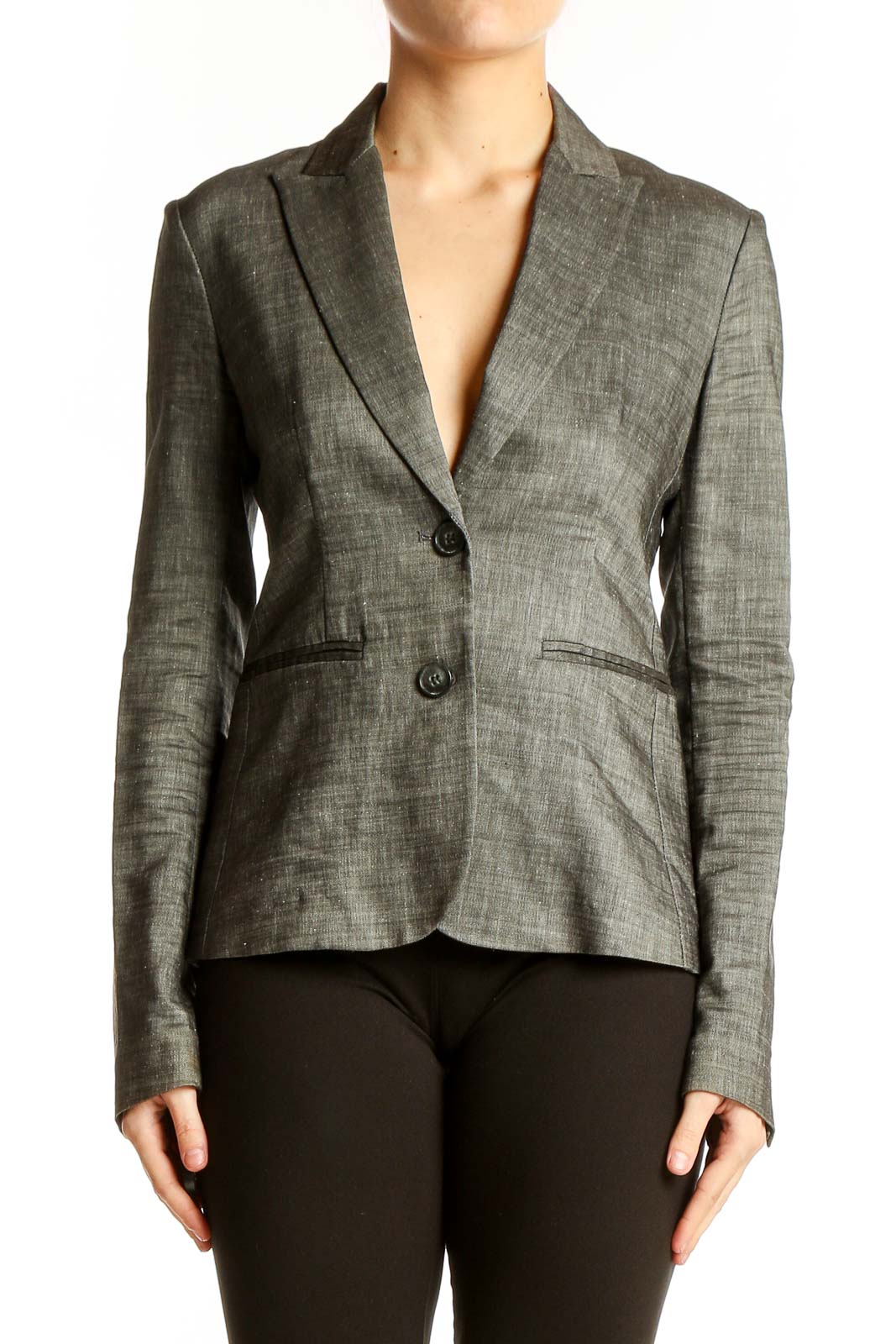 Front view of Theory gray linen blend tailored blazer