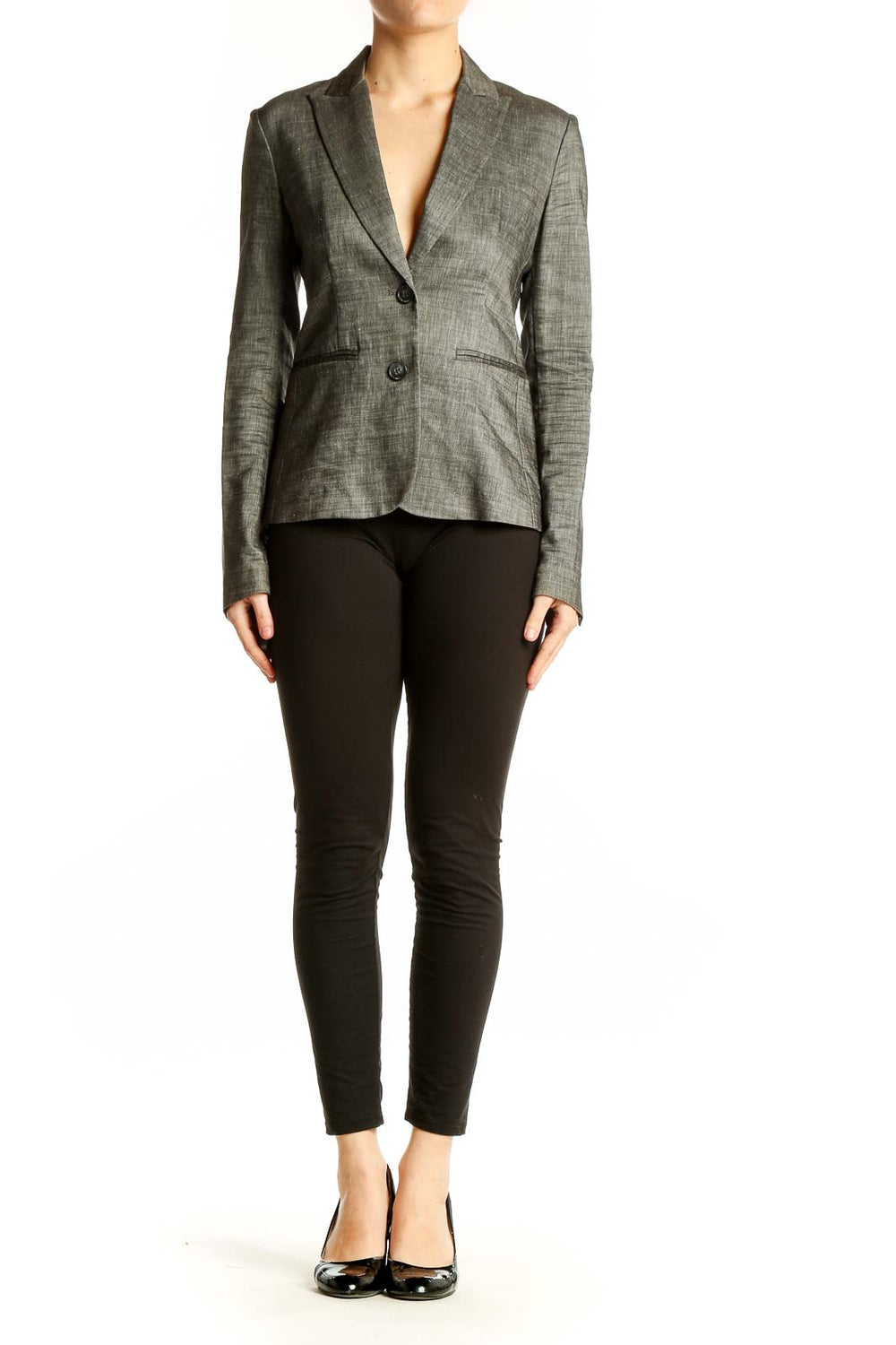 Front view of Theory gray linen blend tailored blazer