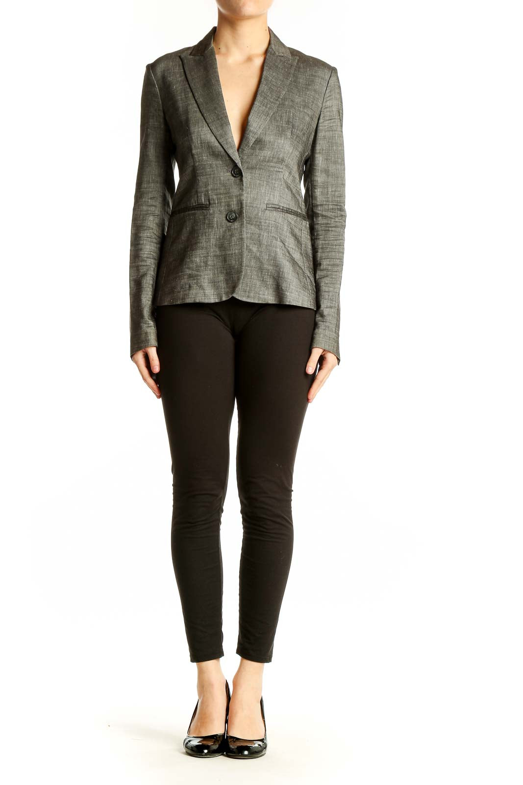 Front view of Theory gray linen blend tailored blazer