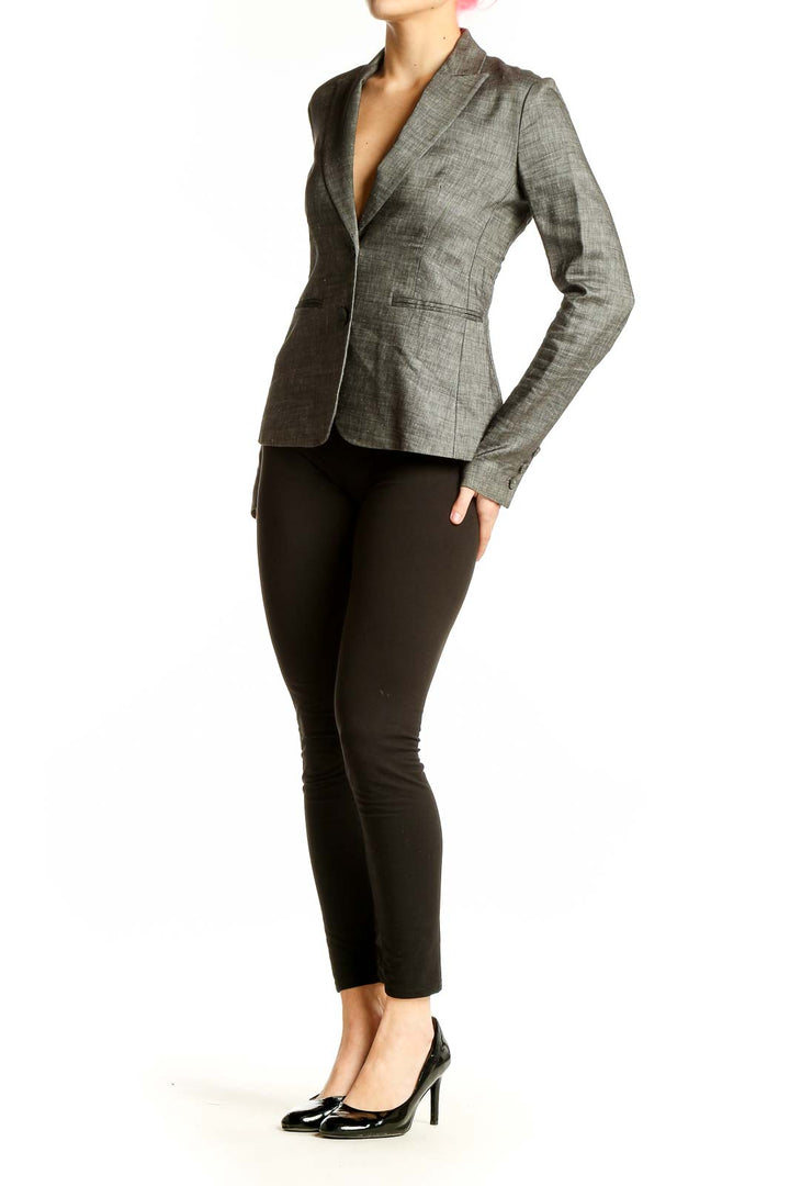 Front view of Theory gray linen blend tailored blazer