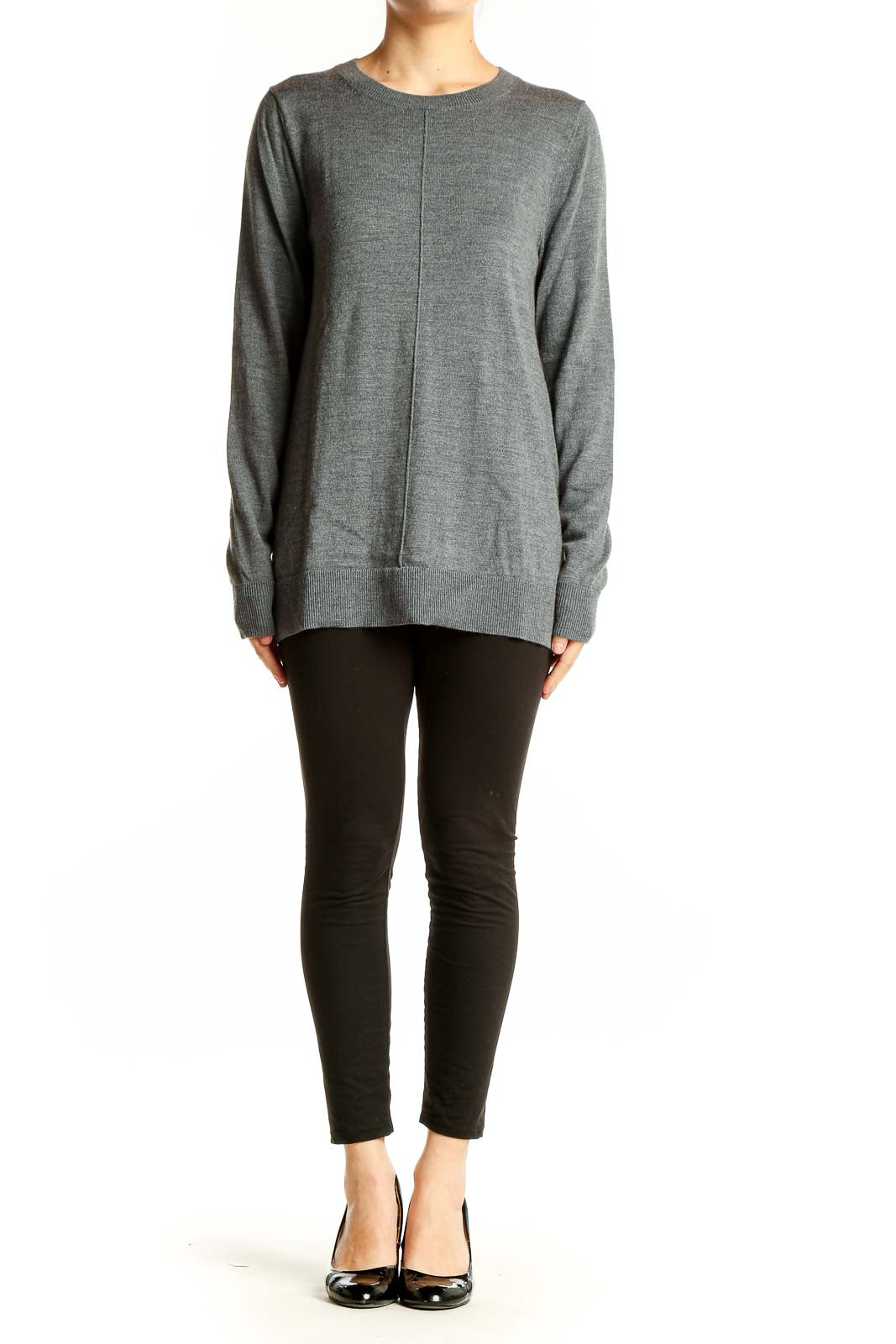 Front view of Banana Republic gray Merino wool crewneck sweater