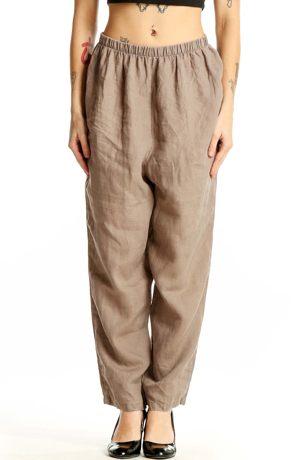 Front view of beige linen wide-leg pants from Planet