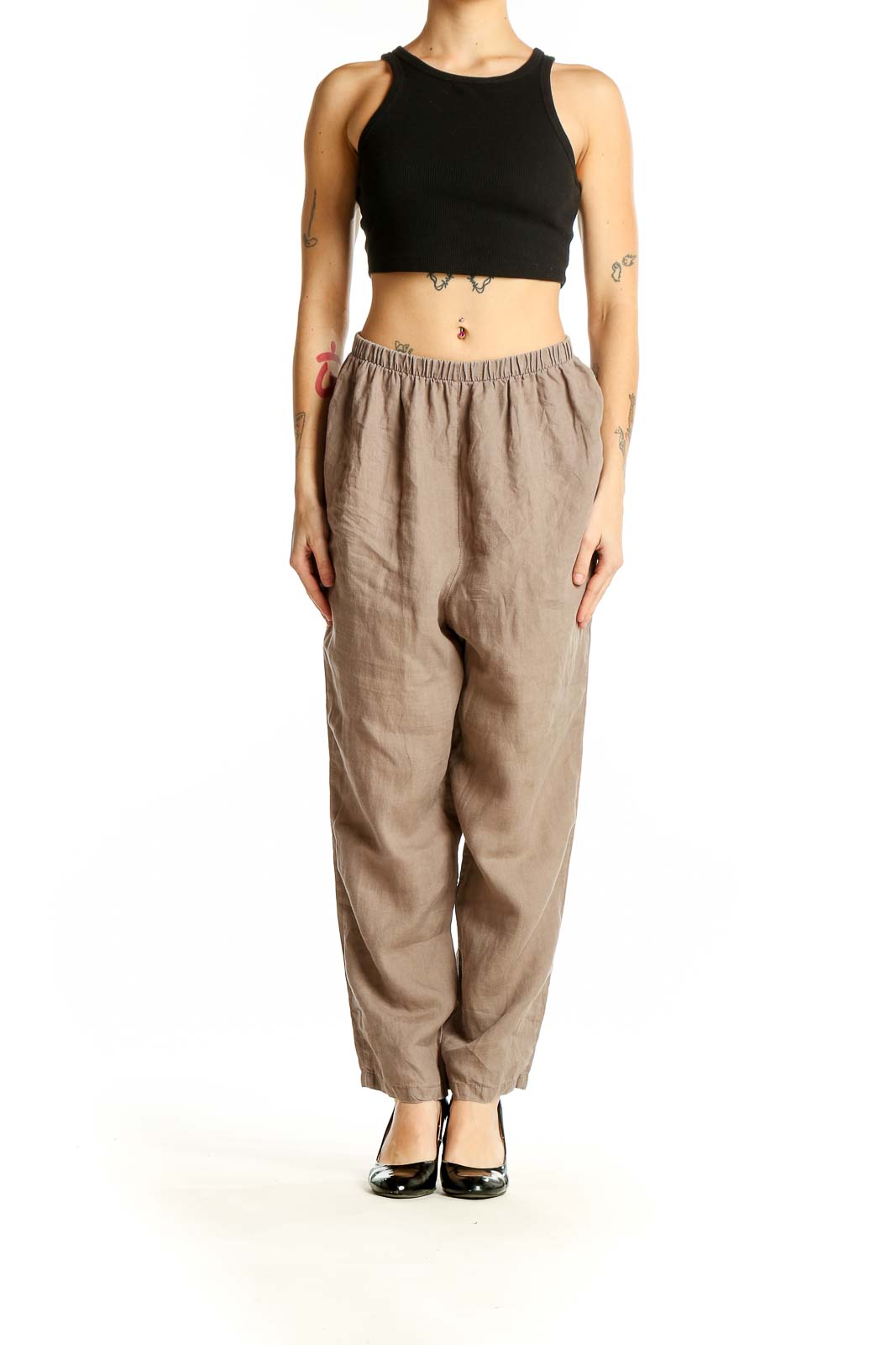 Front view of beige linen wide-leg pants from Planet