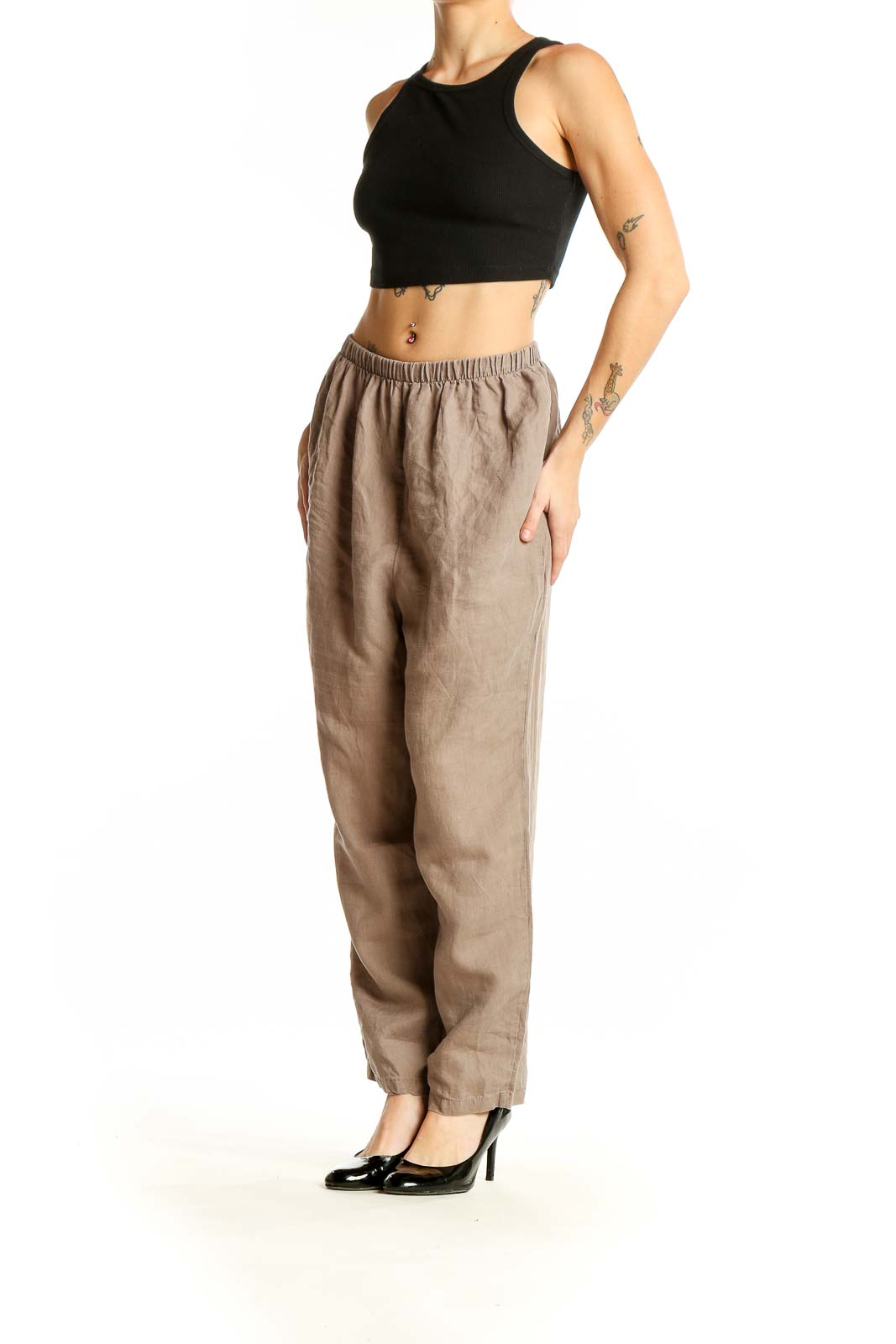 Front view of beige linen wide-leg pants from Planet