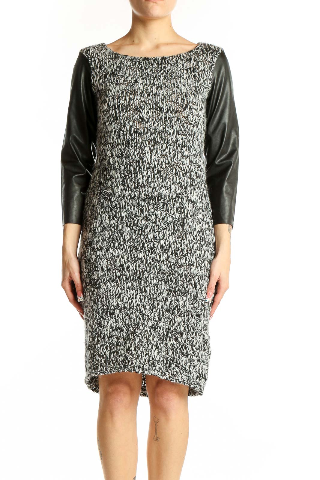 Front view of gray textured Zara Knit dress with leather sleeves