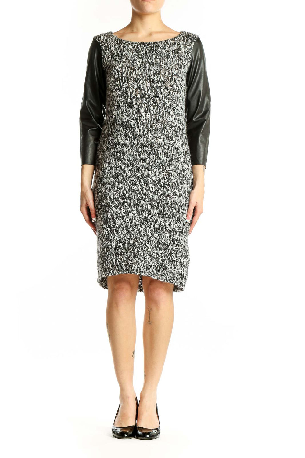 Front view of gray textured Zara Knit dress with leather sleeves