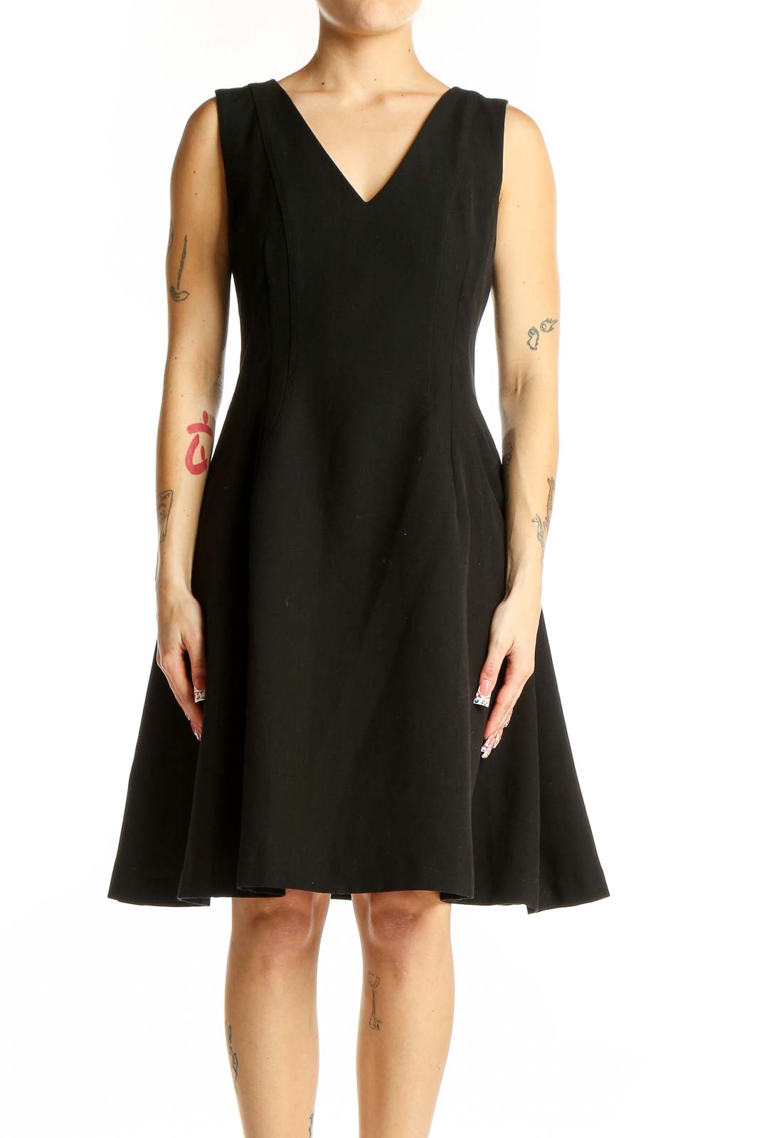 Front view of black V-neck A-line cocktail dress from Banana Republic