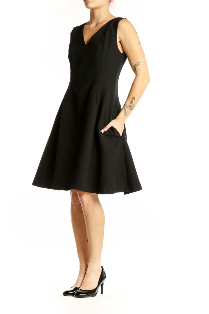 Front view of black V-neck A-line cocktail dress from Banana Republic