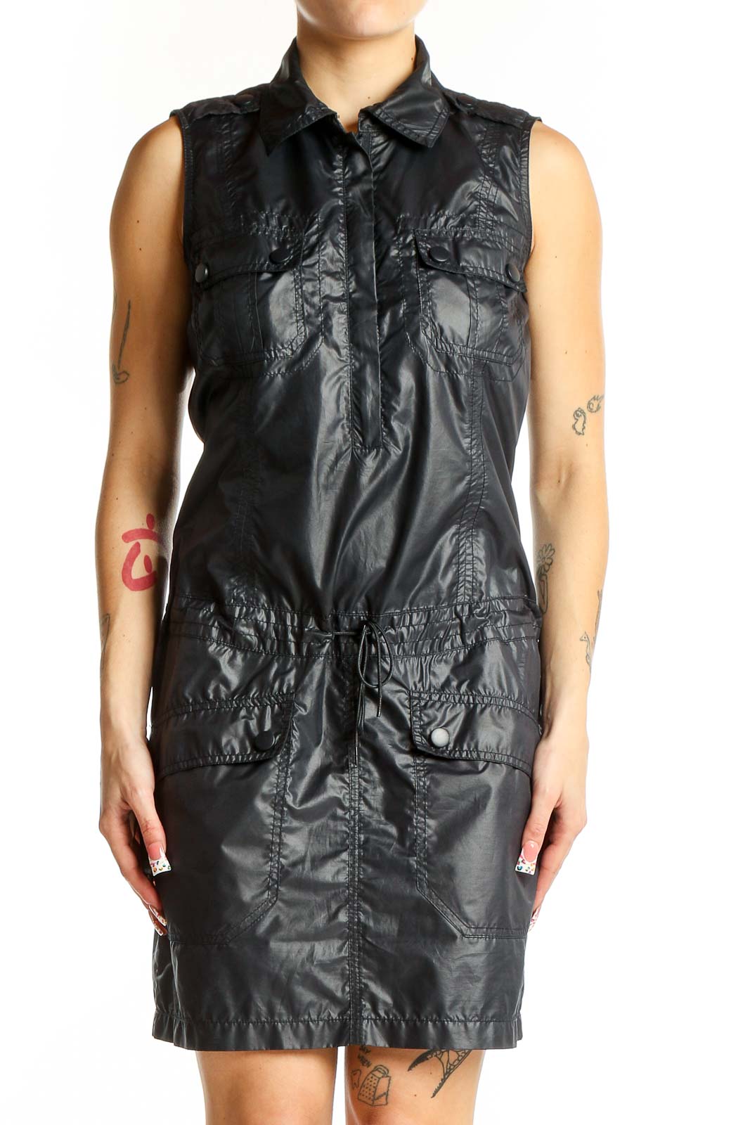 Front view of Calvin Klein Jeans black sleeveless utility dress with drawstring waist