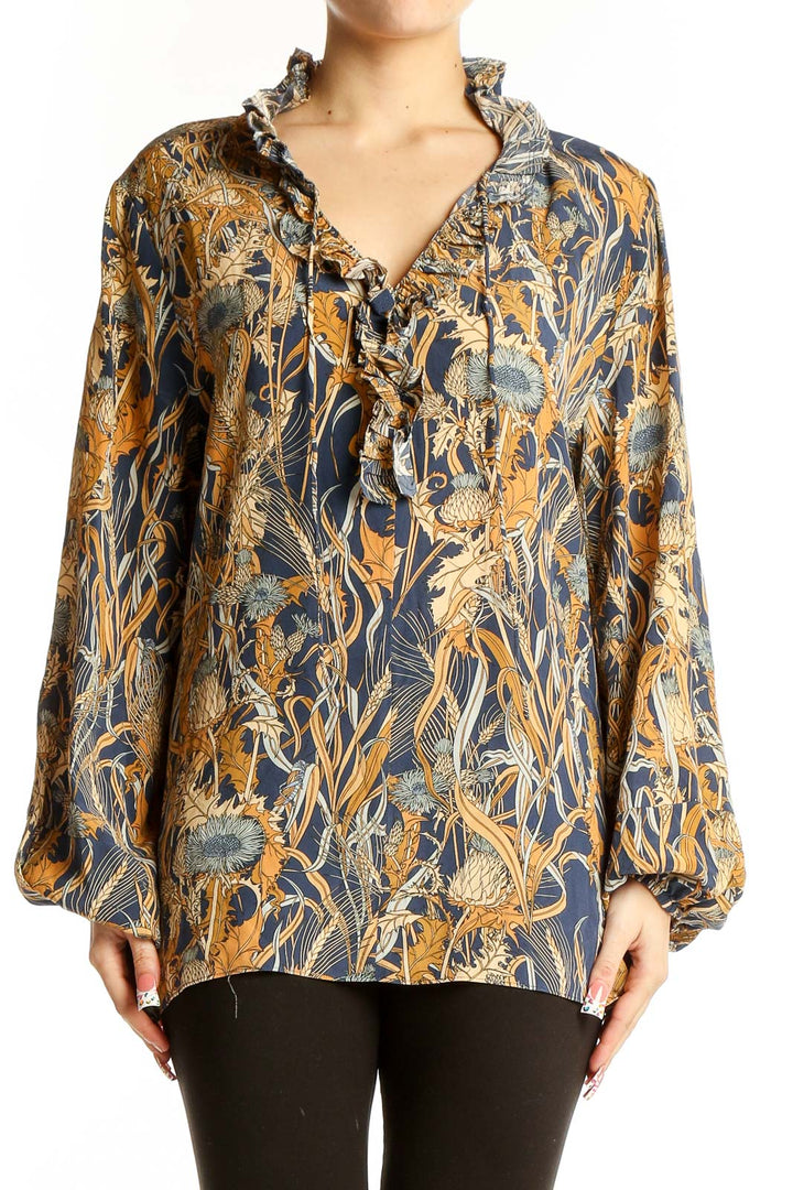 Front view of Tyler Boe navy floral silk blouse with ruffle neck