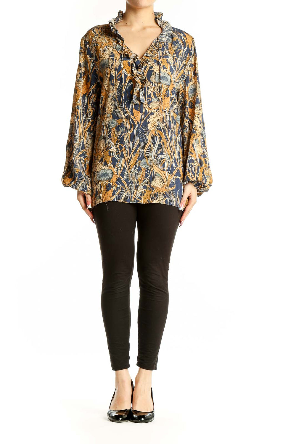 Front view of Tyler Boe navy floral silk blouse with ruffle neck