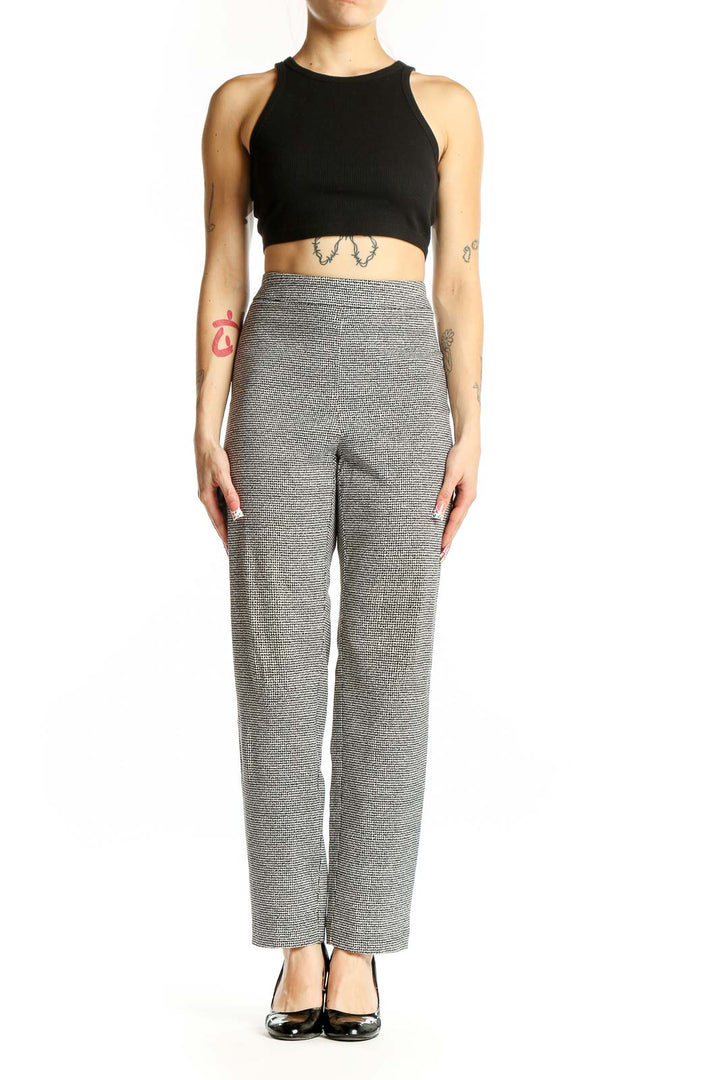 Front view of Ellen Tracy gray textured wide-leg trousers on model
