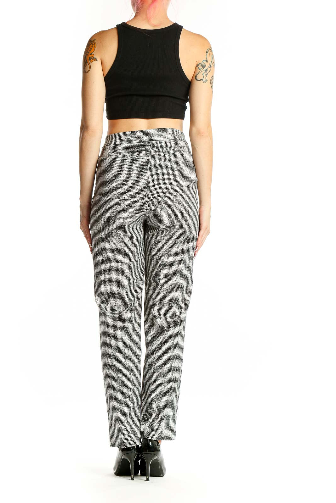 Back view of Ellen Tracy gray textured wide-leg trousers on model with black crop top
