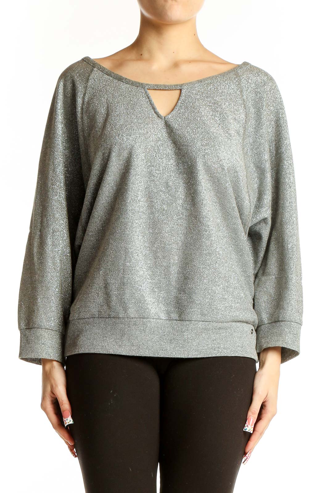 Front view of Guess silver metallic sweatshirt with keyhole neckline