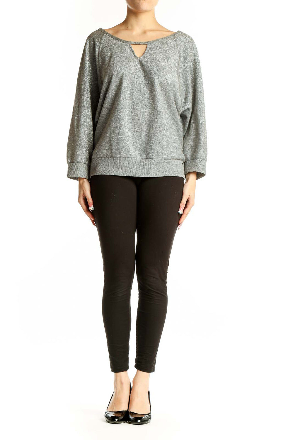 Front view of Guess silver metallic sweatshirt with keyhole neckline