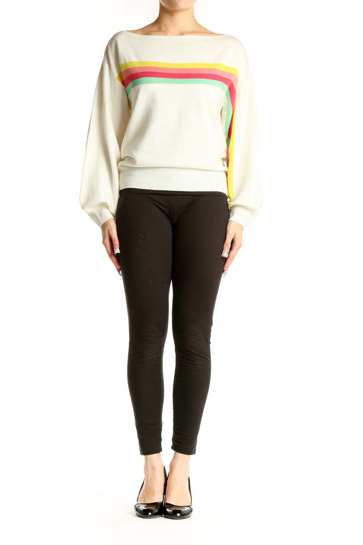 Front view of white ASOS acrylic knit sweater with colorful chest stripes