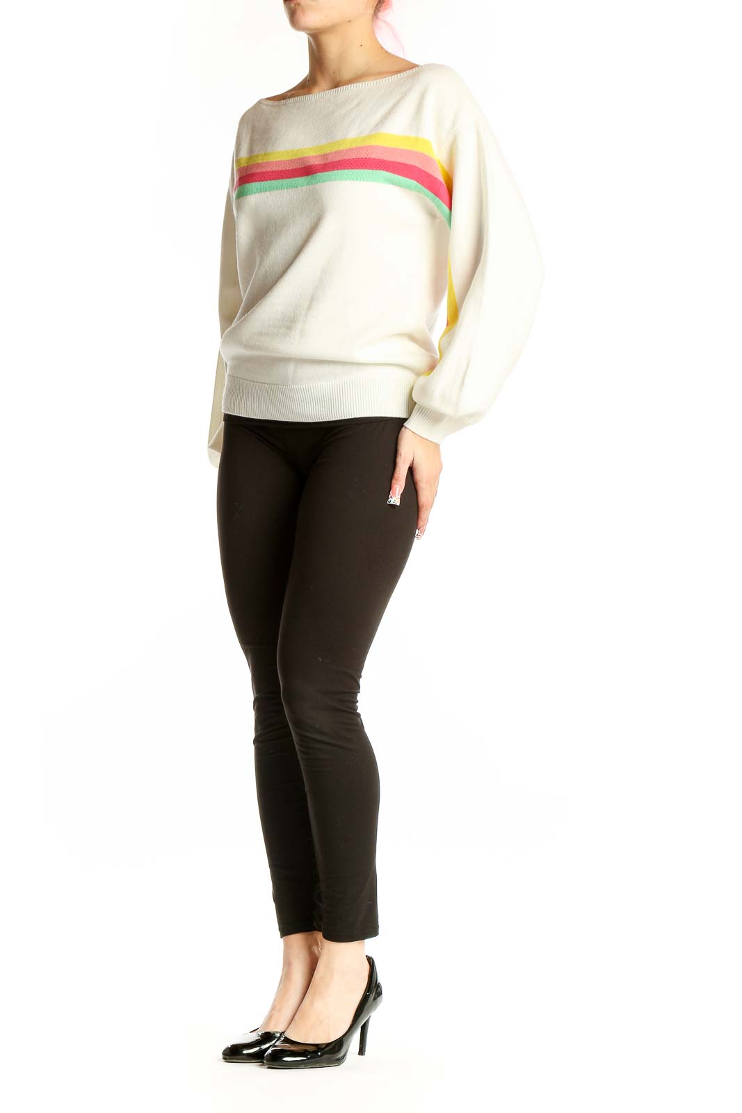 Front view of white ASOS acrylic knit sweater with colorful chest stripes