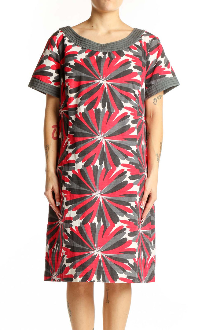 Front view of red and gray floral print Boden cotton dress