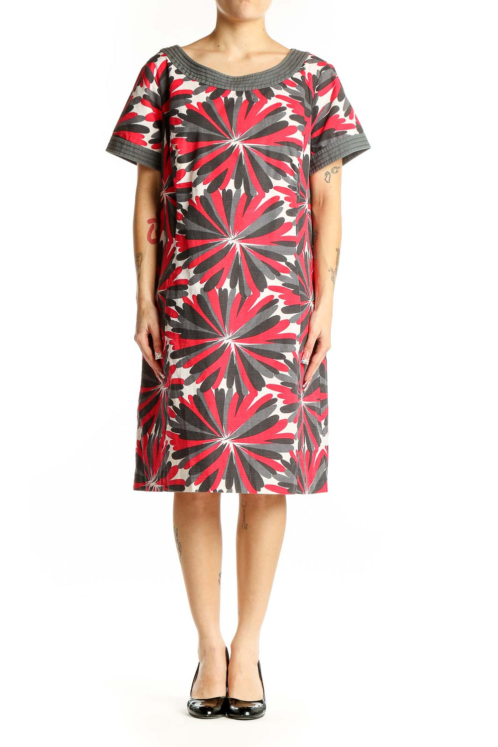 Front view of red and gray floral print Boden cotton dress