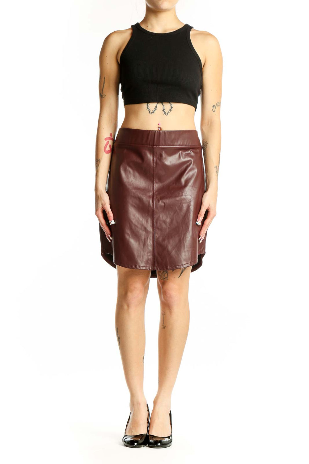 Front view of burgundy faux leather mini skirt from ASOS
